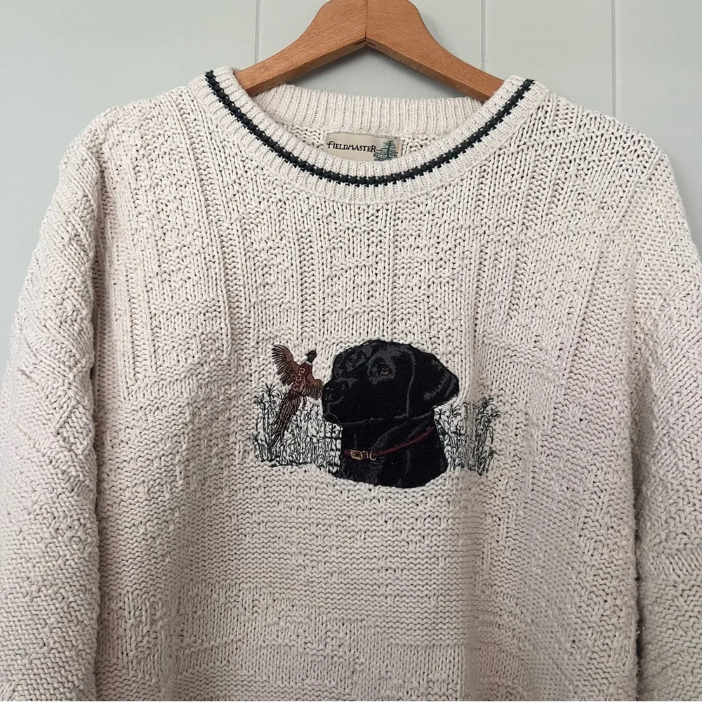 Vintage 90’s Crewneck Chunky Knit  Embroidered Black Lab Dog Sweater Size XL